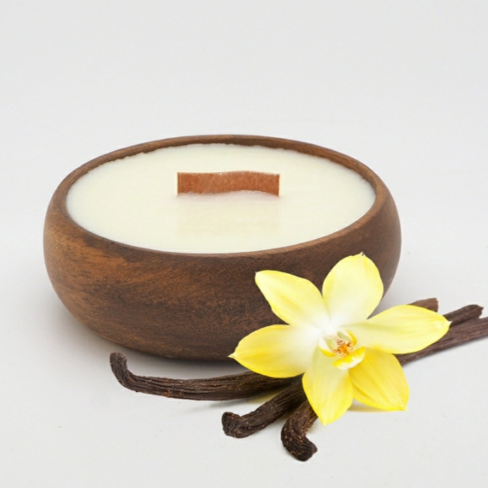 Hawaiian VANILLA BEAN Candle in Beautiful Acacia Bowl-Tropical Beach Theme, 5 oz